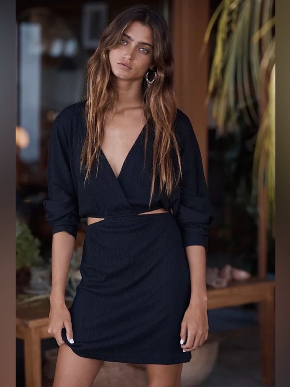 FP BEACH Stasia Long Sleeve Surplice Cutout Boho Black Emo Goth Mini Dress